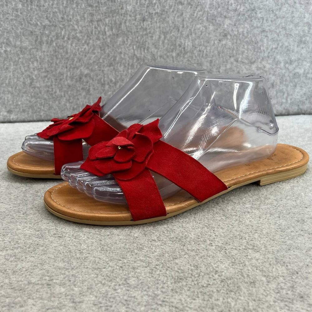 Mila Paoli Floral Suede Leather Slip On Flat Slide Sandal-Red Flower-Women 9.5